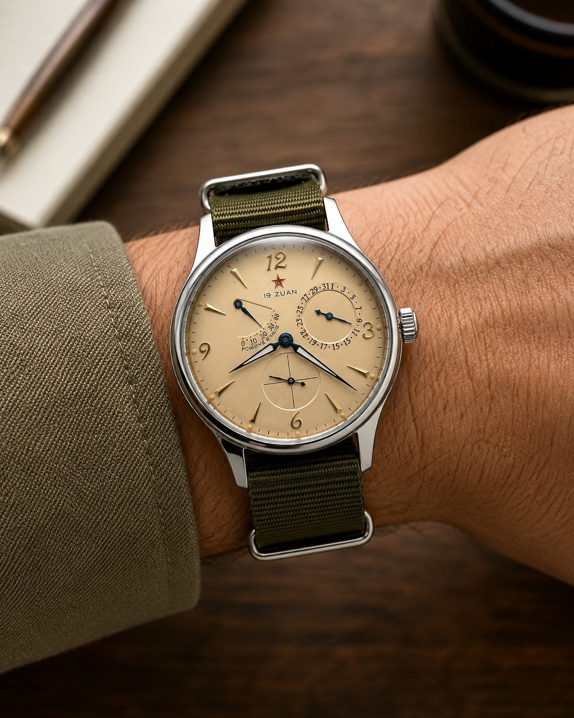 Mens 1963 Automatic Pilot Watch Power Reserve Date Sapphire Military Strap 50m0