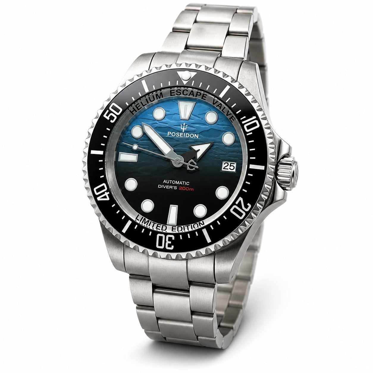 Automatic Diver Watch Blue Gradient Dial NH35 Sapphire 200m Steel Bracelet Date0