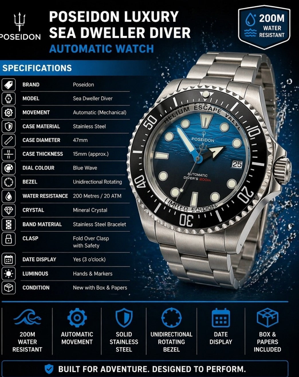 Professional Automatic Divers Watch NH35 Poseidon Sapphire Ceramic Steel 200m 1