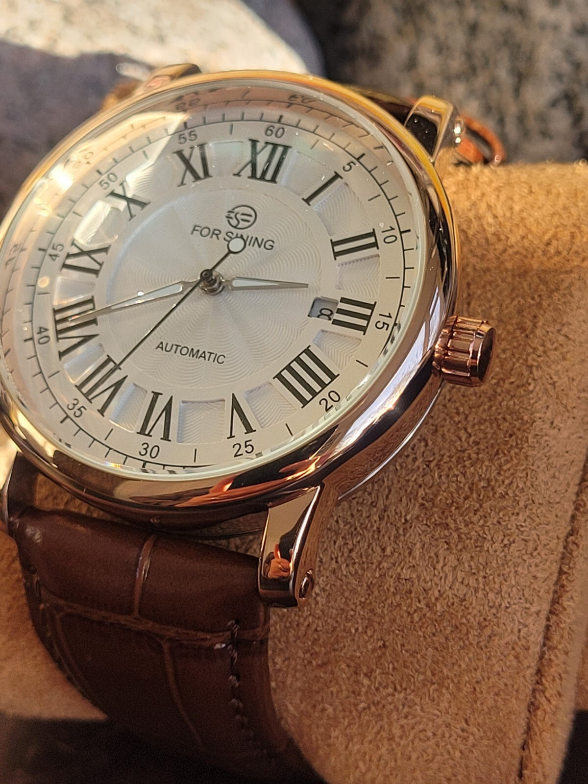 Mens Luxury Automatic Watch Rose Gold Date Window Back Brown Leather Strap 3ATM1