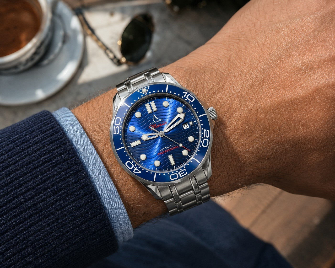 Automatic Divers Watch Sunburst Blue Wave Lambda Maris NH35 Sapphire Ceramic 2