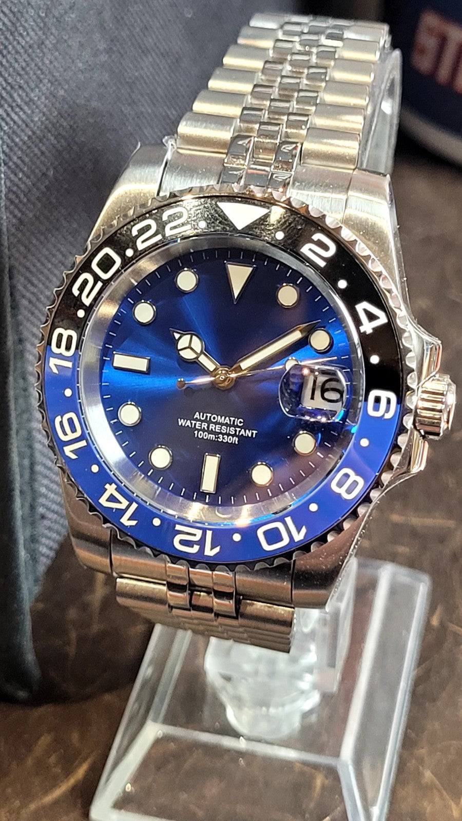 Cobalt Blue Automatic Sunburst Divers Watch Black Blue Sapphire Ceramic Steel UK7