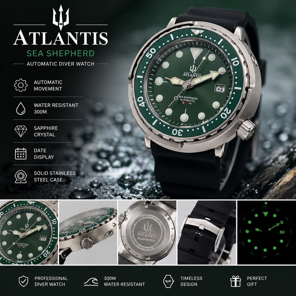 Automatic Diver Watch 300M Green Dial Steel Case Date Rubber Strap Atlantis1