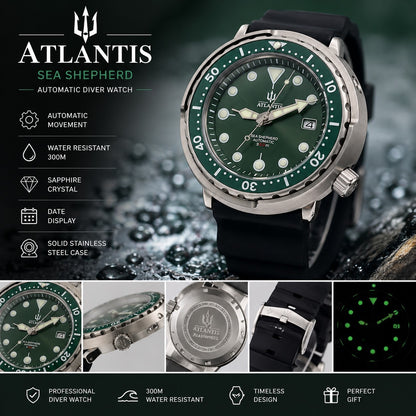 Automatic Diver Watch 300M Green Dial Steel Case Date Rubber Strap Atlantis1