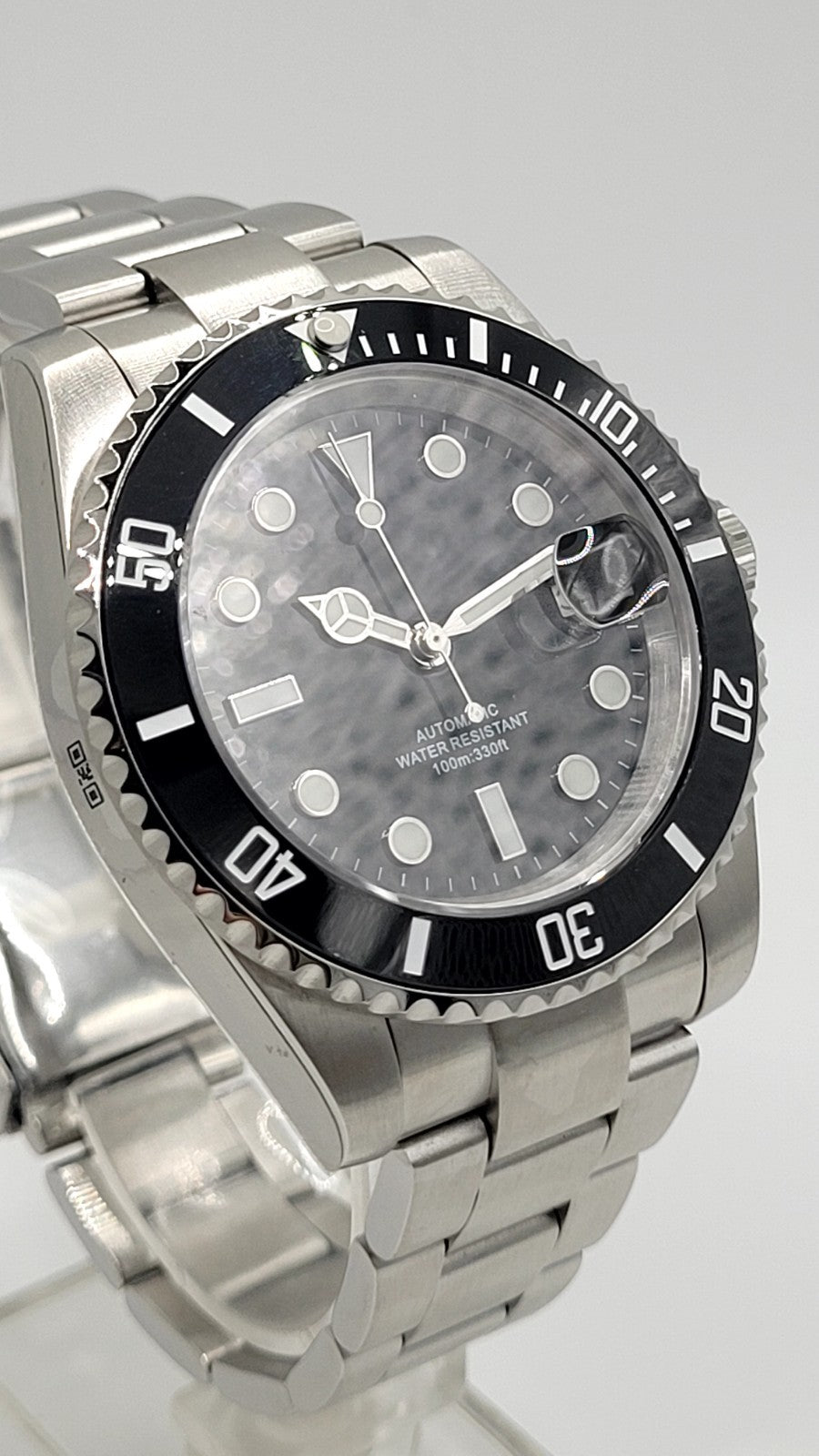Automatic Mens Watch Black Dial Steel Bracelet Luminous Date 100m Diver14