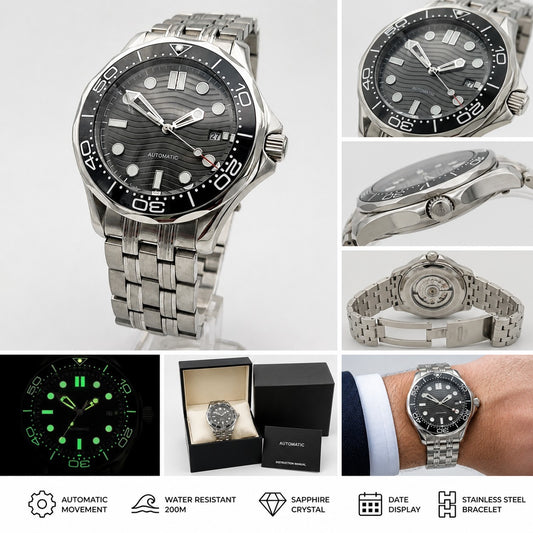 Black Automatic Dive Watch Wave Dial  Ceramic Bezel Sapphire Steel 100M UK1