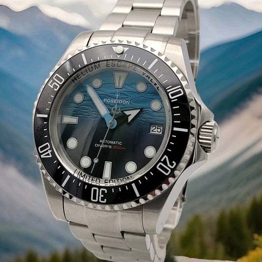Mens POSEIDON Blue 'Sea Dweller' Divers Watch 20ATM WR SEIKO TMI NH35 Auto. Movt0