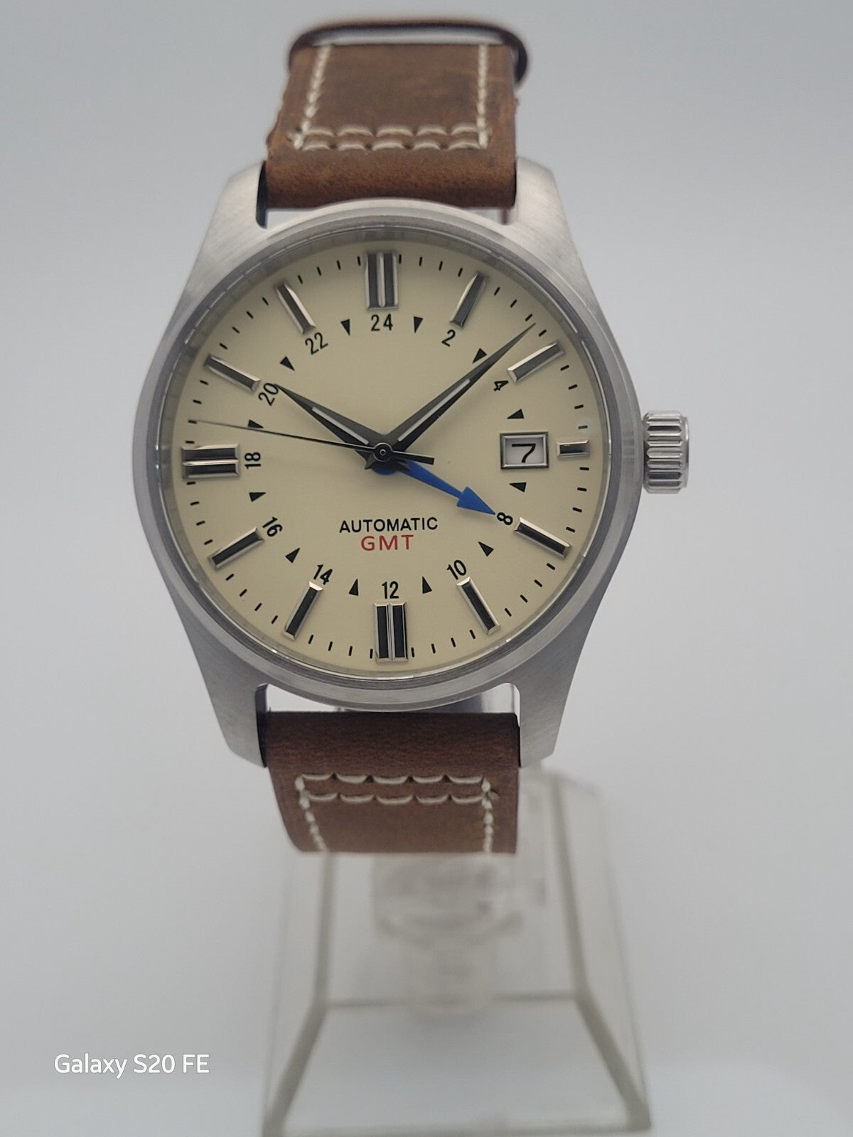 NH34 Automatic GMT Watch Cream Dial Explorer Style Sapphire Leather UK Seller3