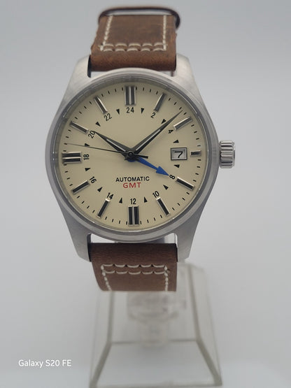 NH34 Automatic GMT Watch Cream Dial Explorer Style Sapphire Leather UK Seller3