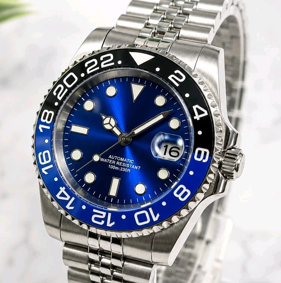 Cobalt Blue Automatic Sunburst Divers Watch Black Blue Sapphire Ceramic Steel UK1