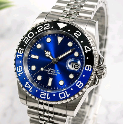 Cobalt Blue Automatic Sunburst Divers Watch Black Blue Sapphire Ceramic Steel UK1