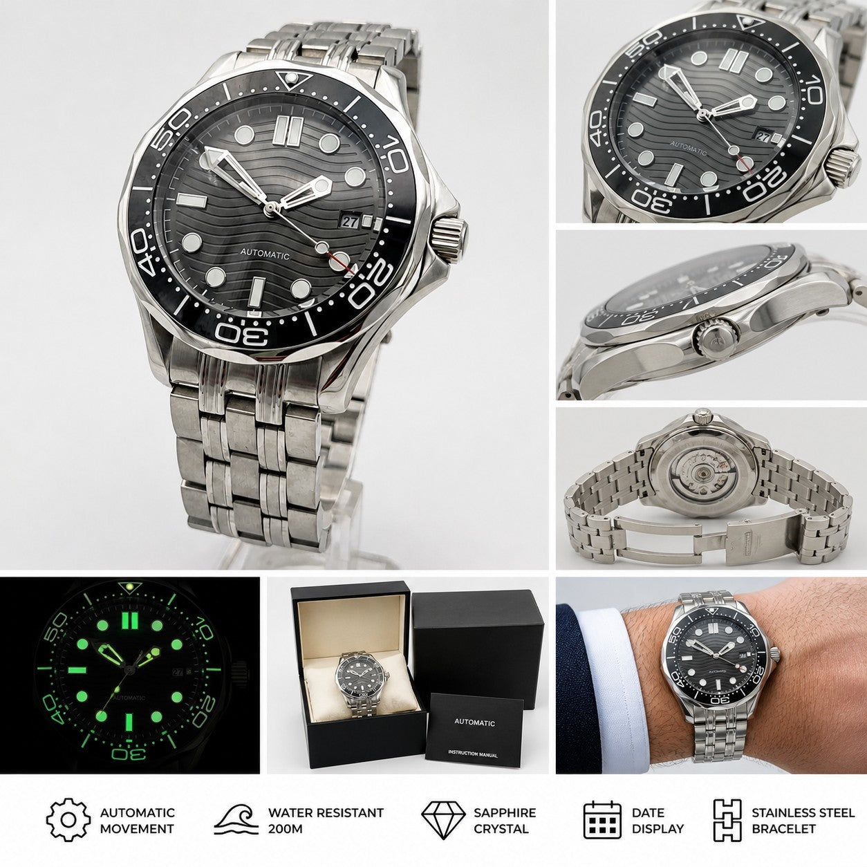 Men’s Automatic Dive Watch Wave Dial Black Ceramic Bezel Sapphire Steel 100M1