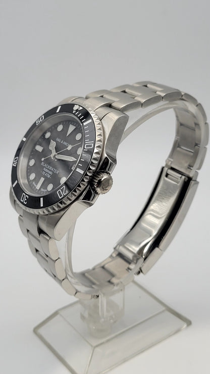 Automatic Dive Watch Steel Bracelet Black Dial 100M Date Sapphire Sail & Anchor11