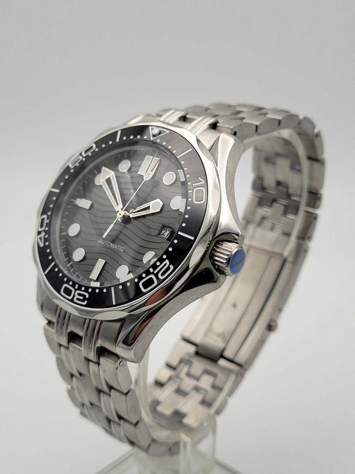 Automatic Diver Watch Wave Dial Sapphire Steel Bracelet 100M Luxury Uk Seller6