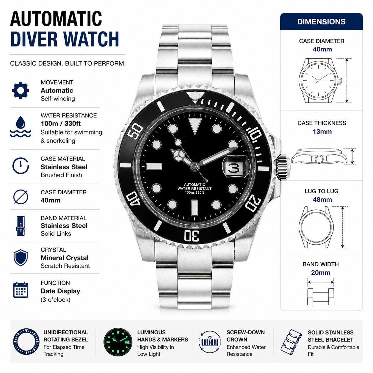 Automatic Mens Watch Black Dial Steel Bracelet Luminous Date 100m Diver3