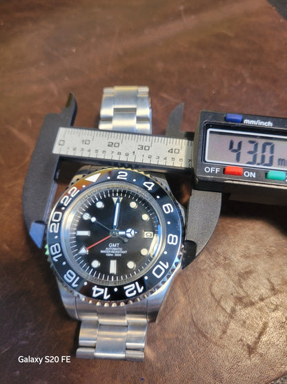 Men's Custom 43mm Black Divers Watch NH34 Seiko TMI Automatic Movt 100m GMT .12