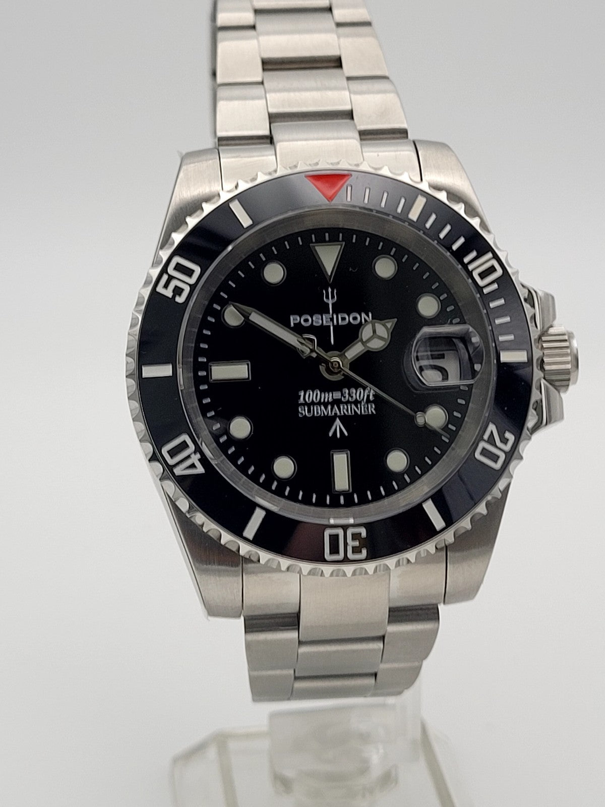 Poseidon Automatic Dive Watch Steel Bracelet Black Dial Date 100m Classic Style14