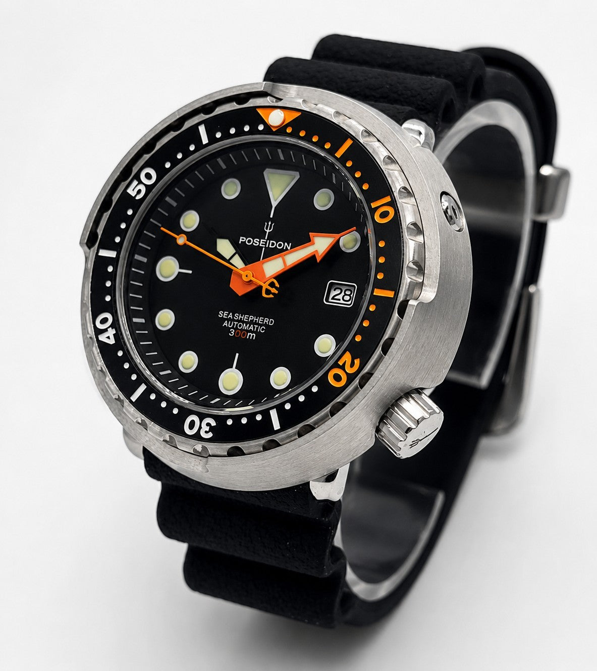 POSEIDON Automatic Dive Watch 300M NH35 Sapphire Steel Black Orange Diver0