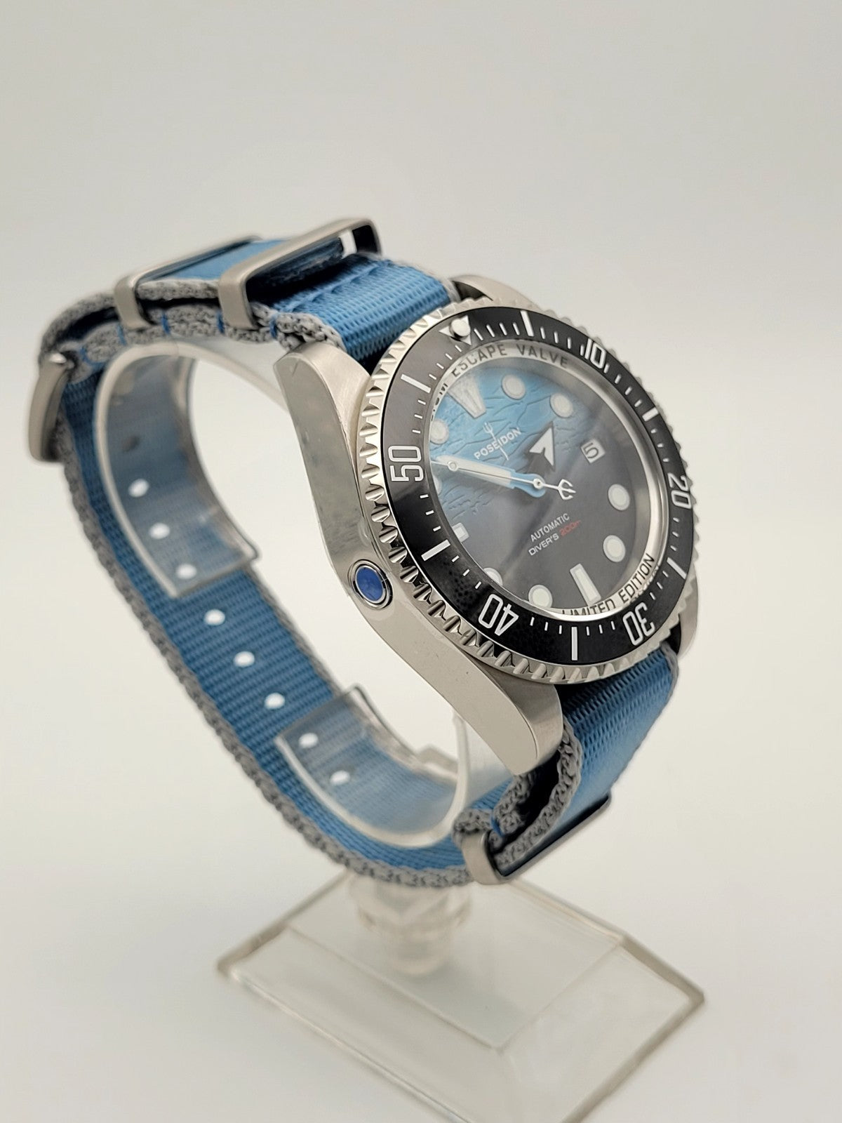 Automatic Diver Watch 200m Poseidon Sapphire Blue Dial Steel Military Strap UK12