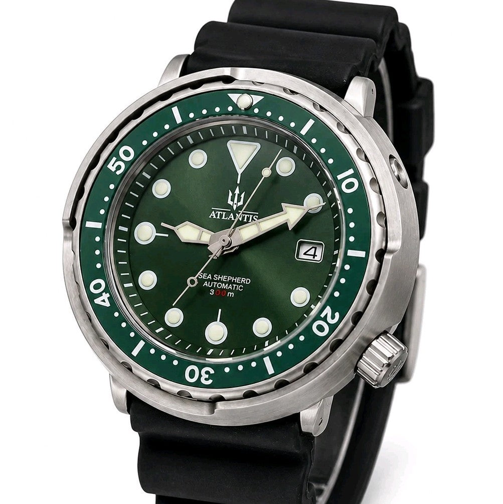 Automatic Diver Watch 300M Green Dial Steel Case Date Rubber Strap Atlantis0