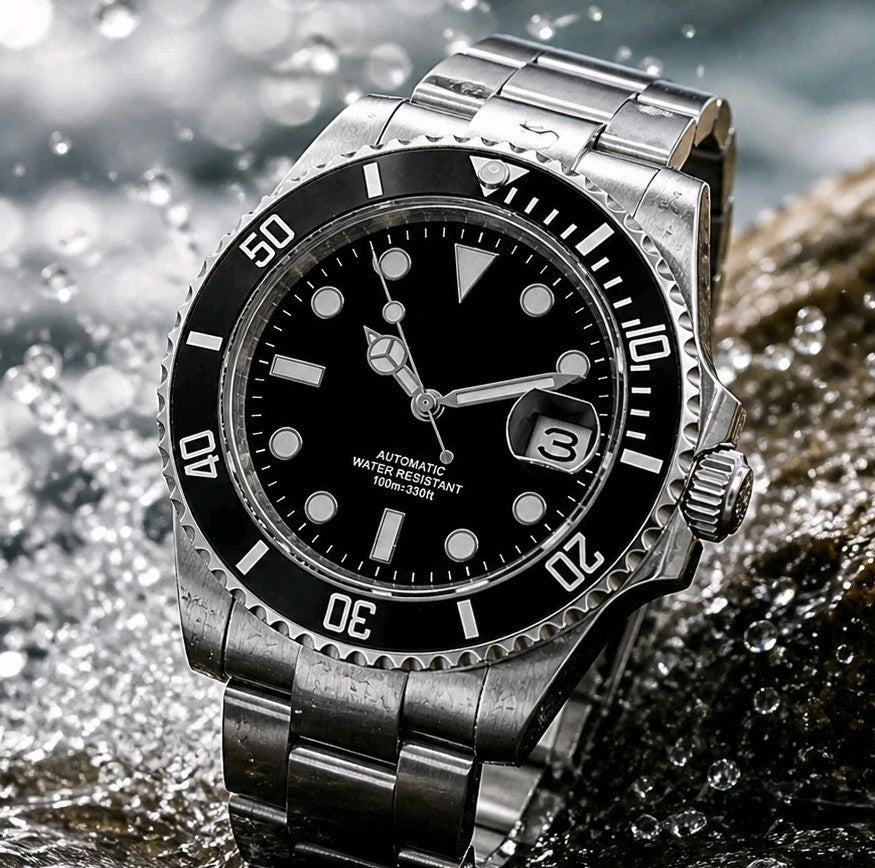 Automatic Mens Watch Black Dial Steel Bracelet Luminous Date 100m Diver0