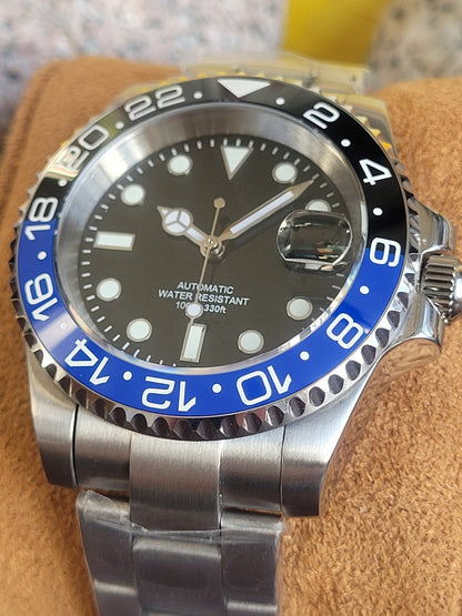Mens 40mm Custom Black Blue  Watch Seiko TMI NH35 Automatic Divers 100m BATMAN20