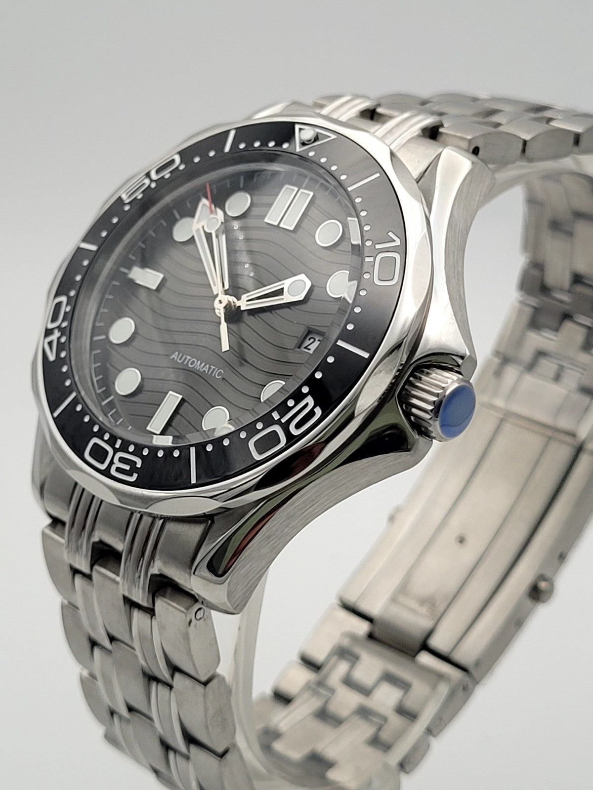 Automatic Diver Watch Wave Dial Sapphire Steel Bracelet 100M Luxury Uk Seller2
