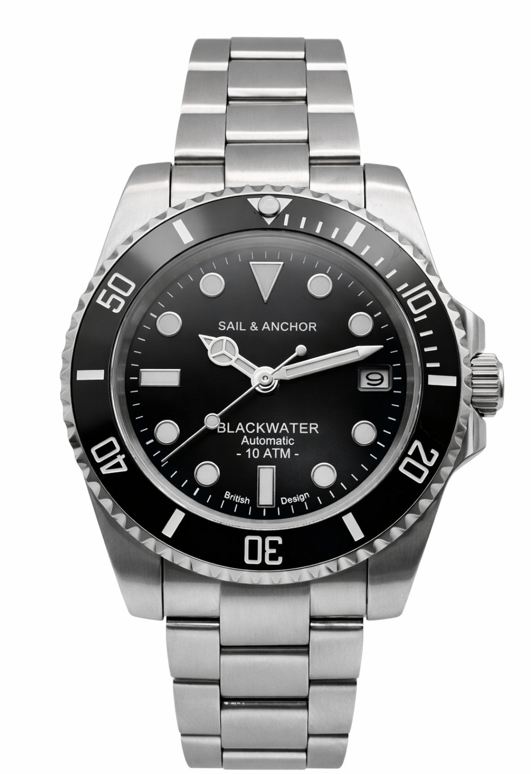 Automatic Dive Watch Steel Bracelet Black Dial 100M Date Sapphire Sail & Anchor7