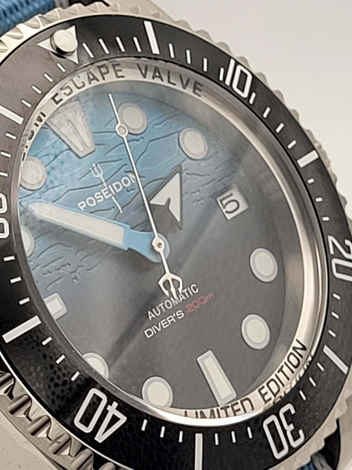 Automatic Diver Watch 200m Poseidon Sapphire Blue Dial Steel Military Strap UK13