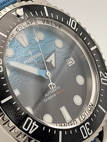 Automatic Diver Watch 200m Poseidon Sapphire Blue Dial Steel Military Strap UK13