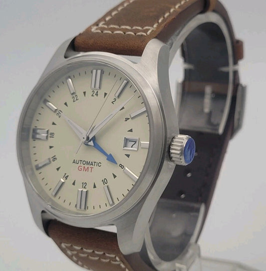 Automatic GMT Dual Time Watch Sapphire Steel Case Leather Strap Date 200m1