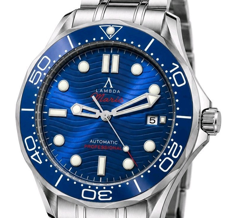 Lambda Maris Luxury Heritage Ocean Automatic Diver Sapphire Blue Dial Watch 100m1