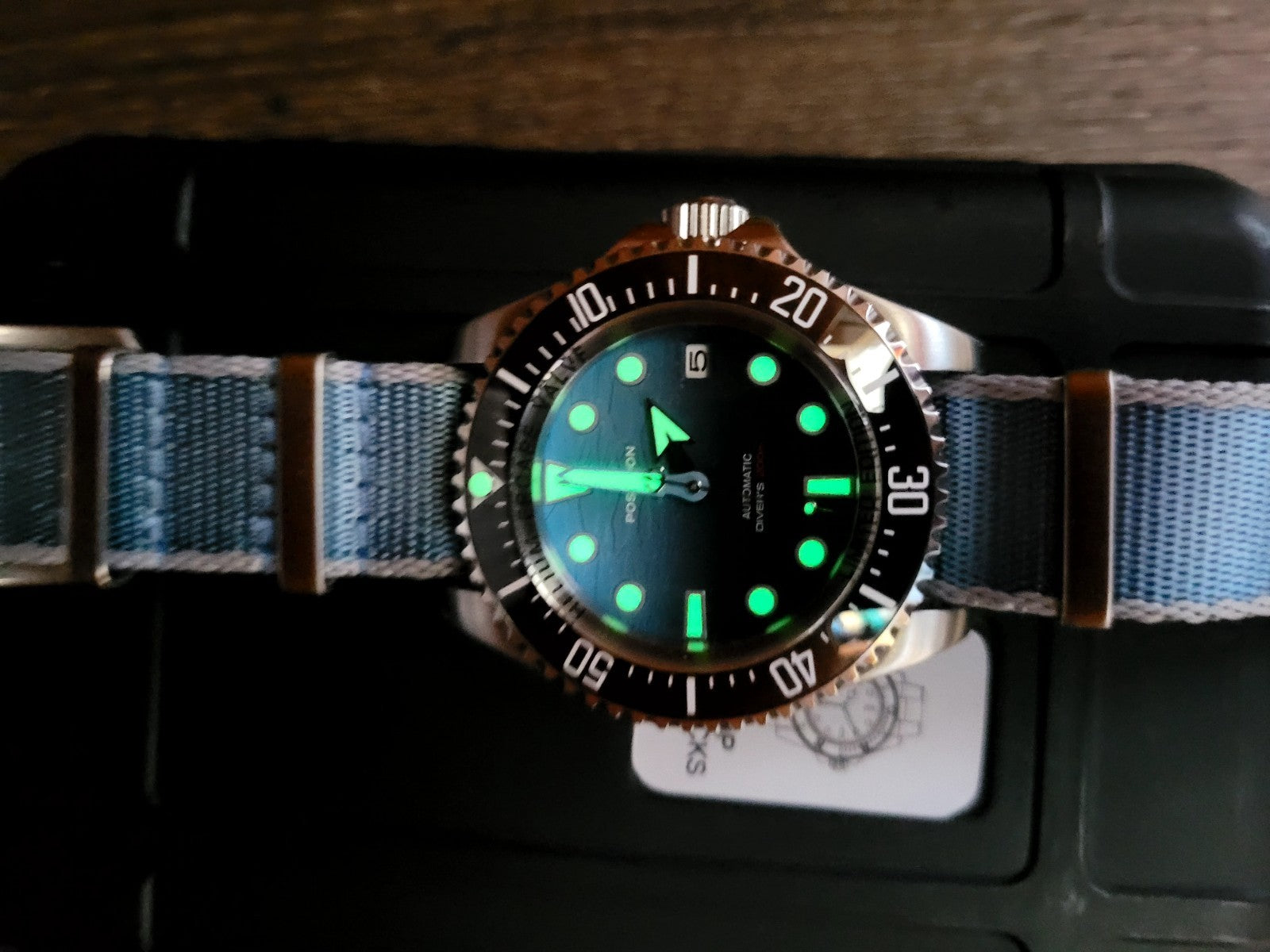 Automatic Diver Watch 200m Poseidon Sapphire Blue Dial Steel Military Strap UK18