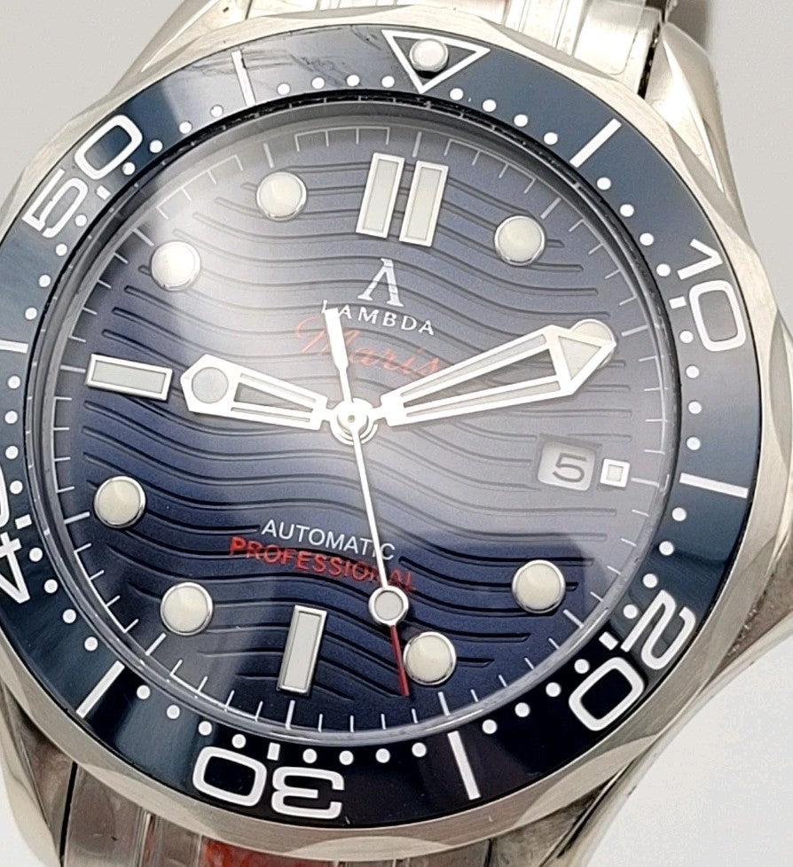 Mens Luxury Automatic Diver Sapphire Blue Wave Lambda Maris Watch 100m UK Seller2