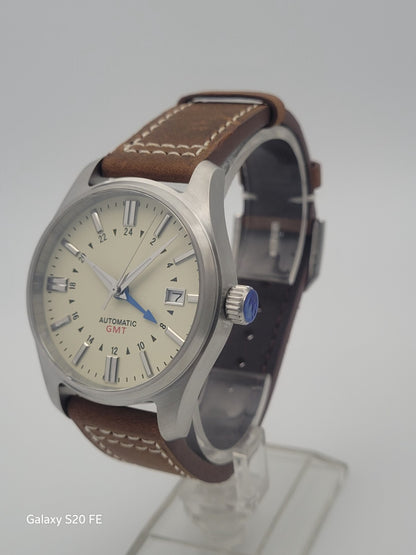 NH34 Automatic GMT Watch Cream Dial Explorer Style Sapphire Leather UK Seller15