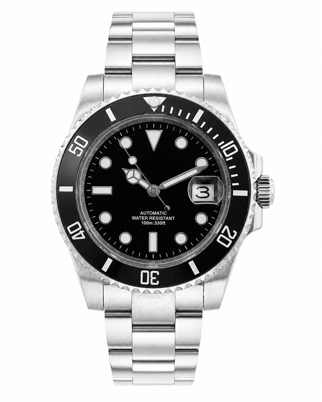 Automatic Mens Watch Black Dial Steel Bracelet Luminous Date 100m Diver2
