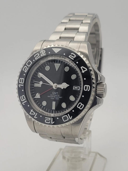 Men's Custom 43mm Black Divers Watch NH34 Seiko TMI Automatic Movt 100m GMT .0
