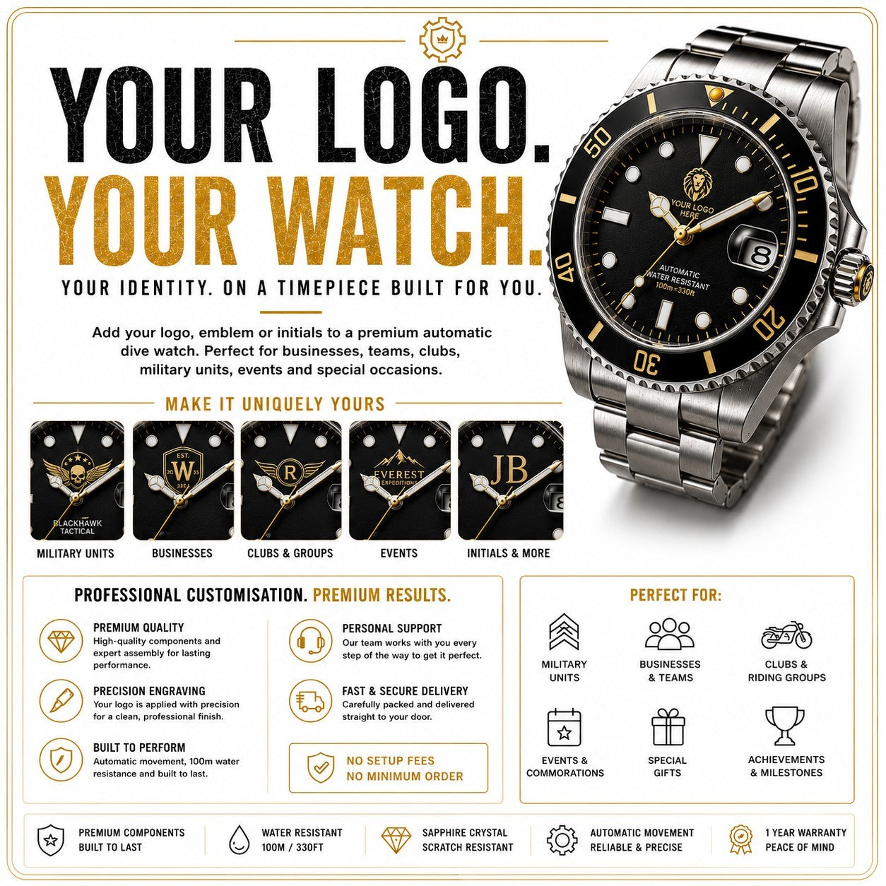 Personalised Custom Watch Automatic Divers NH35 Sapphire Your Logo Bespoke UK1