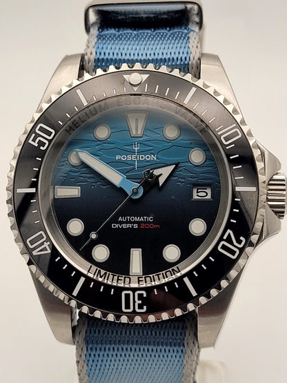Automatic Diver Watch 200m Poseidon Sapphire Blue Dial Steel Military Strap UK5