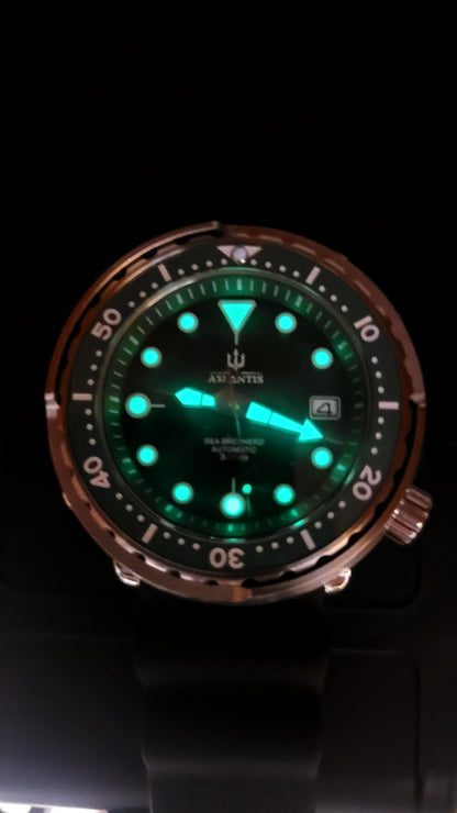 Automatic Diver Watch 300M Green Dial Steel Case Date Rubber Strap Atlantis20