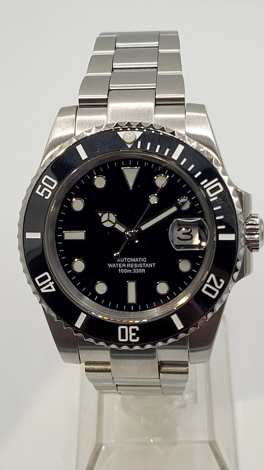 Automatic Mens Watch Black Dial Steel Bracelet Luminous Date 100m Diver6