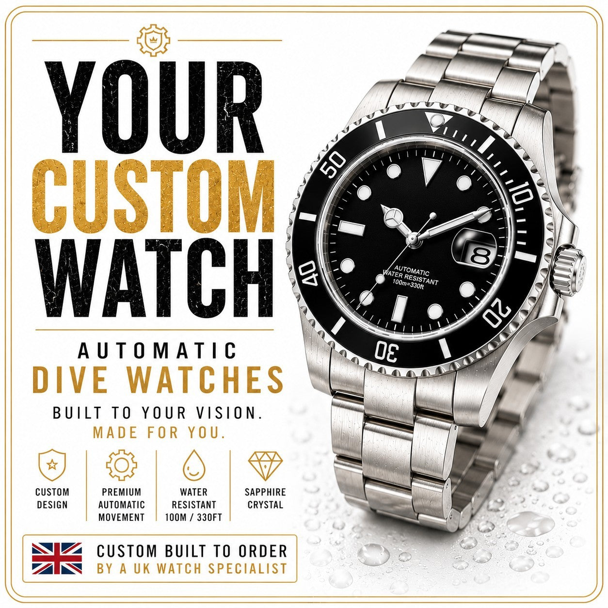 Personalised Custom Watch Automatic Divers NH35 Sapphire Your Logo Bespoke UK0