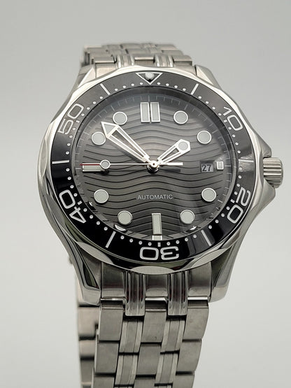 Men’s Automatic Dive Watch Wave Dial Black Ceramic Bezel Sapphire Steel 100M2