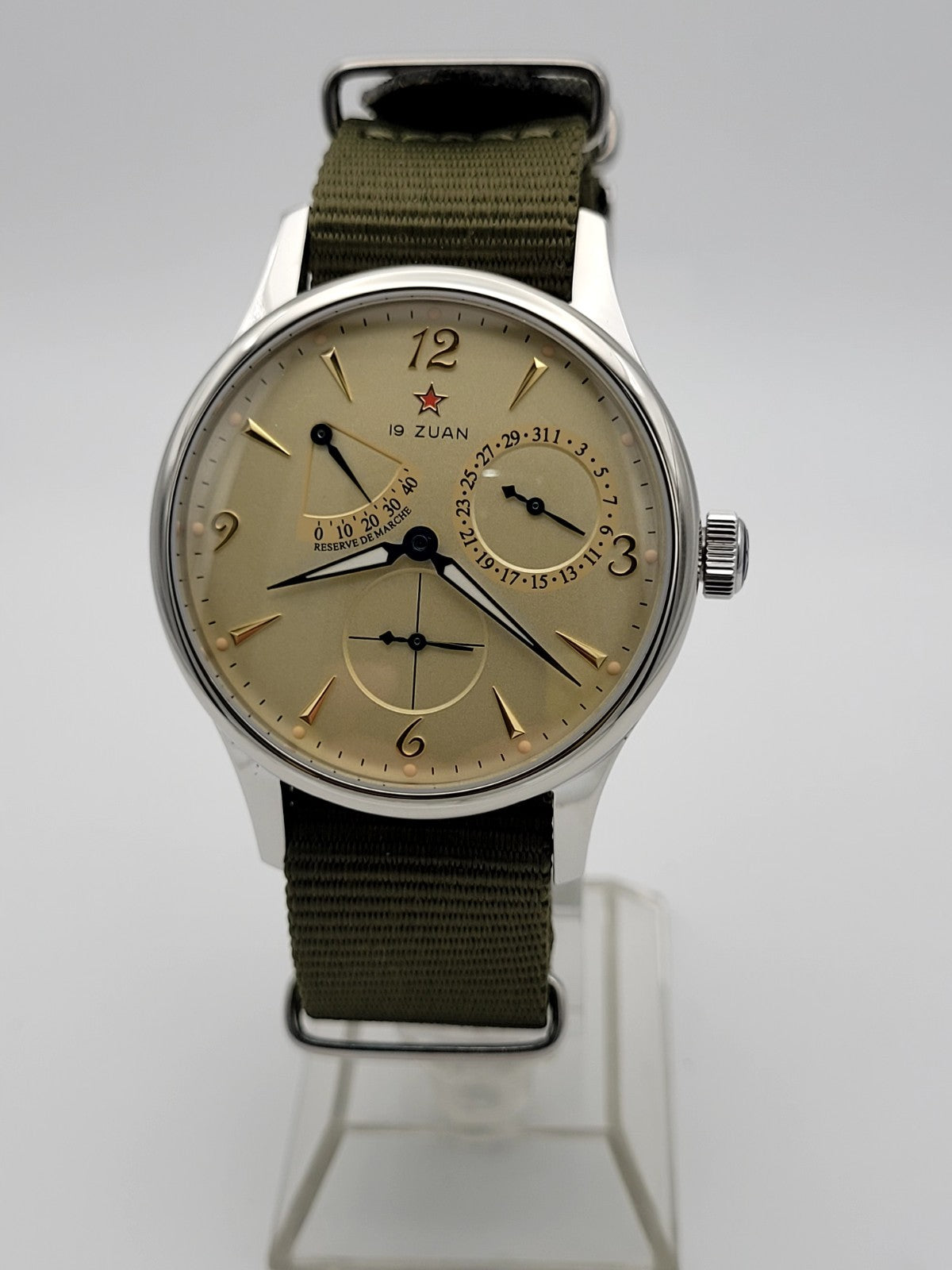 Mens 1963 Automatic Pilot Watch Power Reserve Date Sapphire Military Strap 50m11