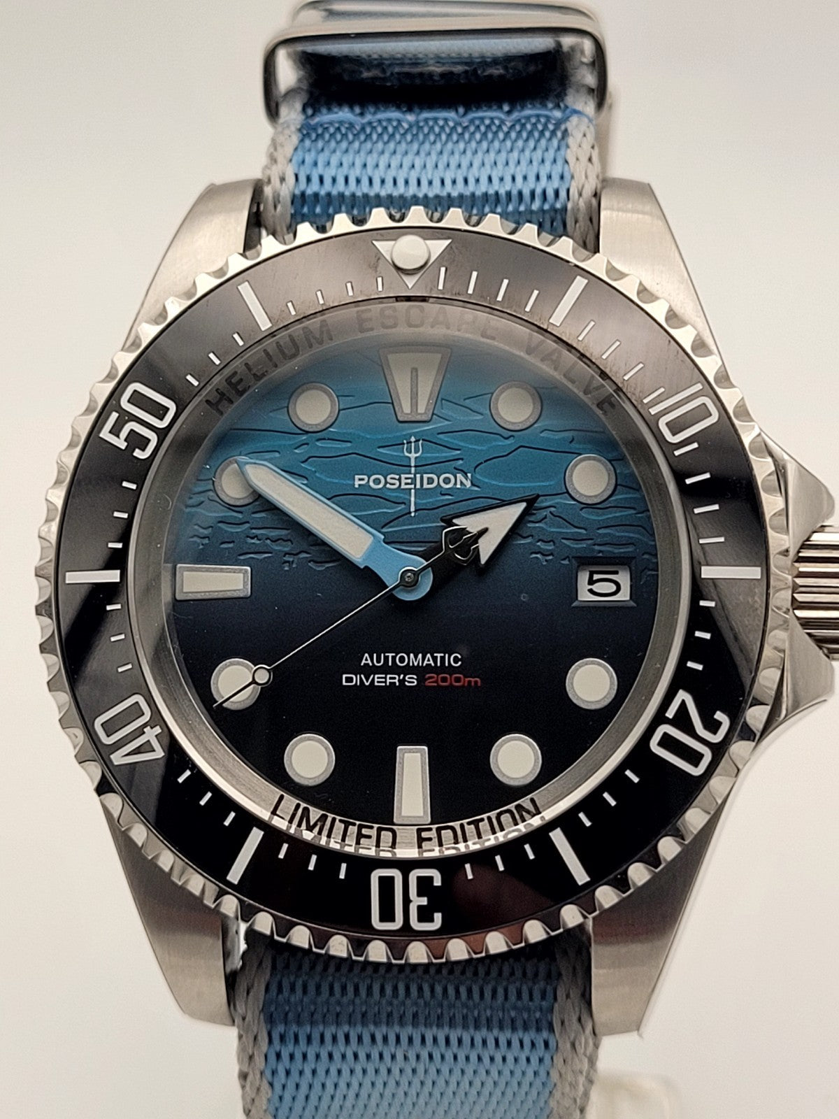 Automatic Diver Watch 200m Poseidon Sapphire Blue Dial Steel Military Strap UK6