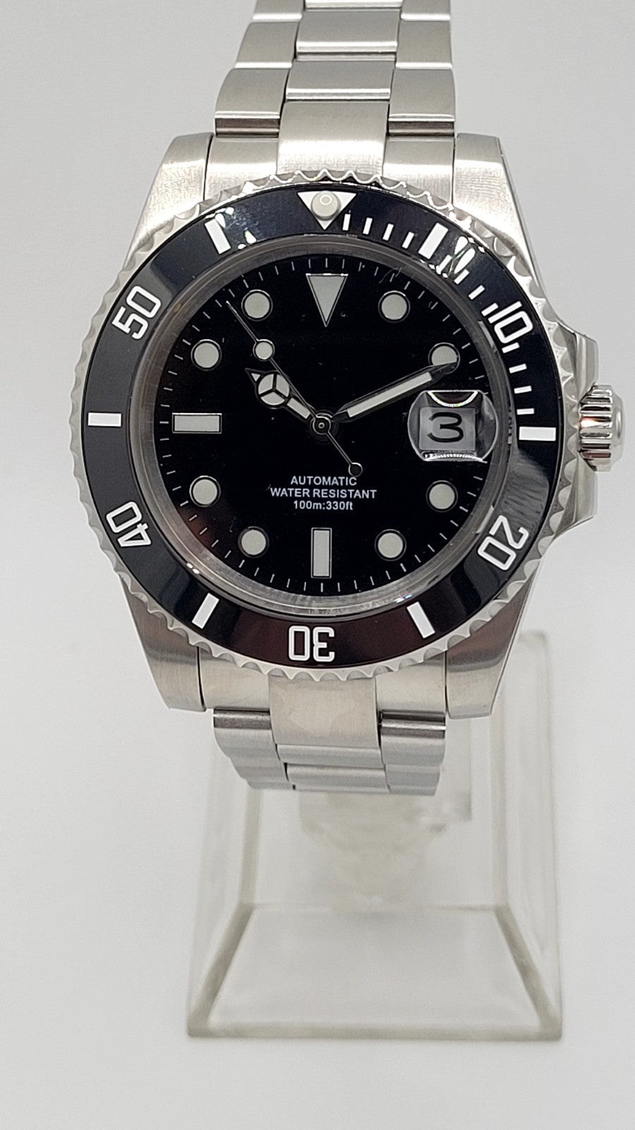 Automatic Mens Watch Black Dial Steel Bracelet Luminous Date 100m Diver9
