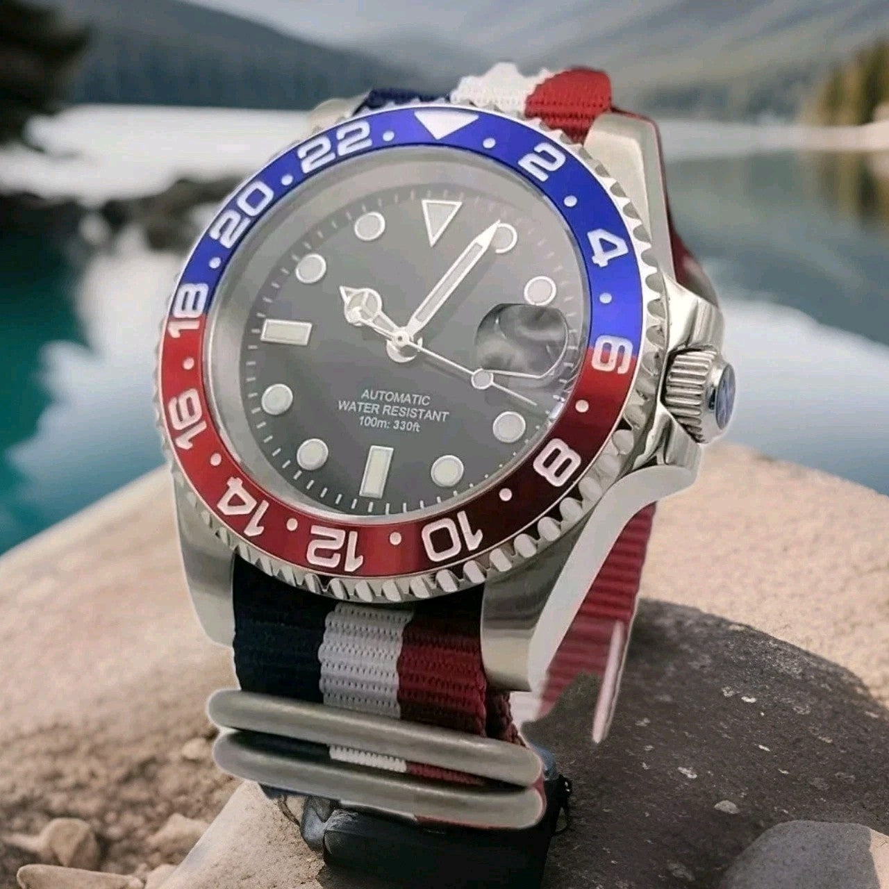 Custom 40mm Red White Blue Divers Watch Seiko TMI Nh35 Auto Movt 100m GB USA.0
