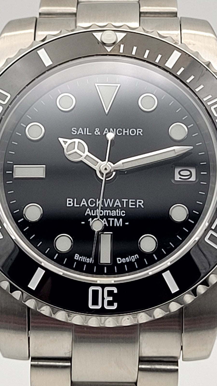 Automatic Dive Watch Steel Bracelet Black Dial 100M Date Sapphire Sail & Anchor14