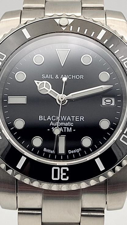 Automatic Dive Watch Steel Bracelet Black Dial 100M Date Sapphire Sail & Anchor14