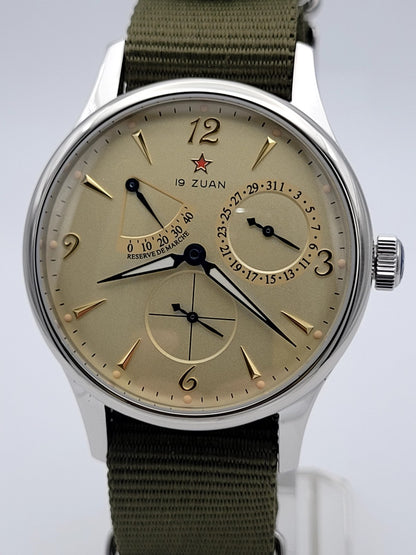 Mens 1963 Automatic Pilot Watch Power Reserve Date Sapphire Military Strap 50m5